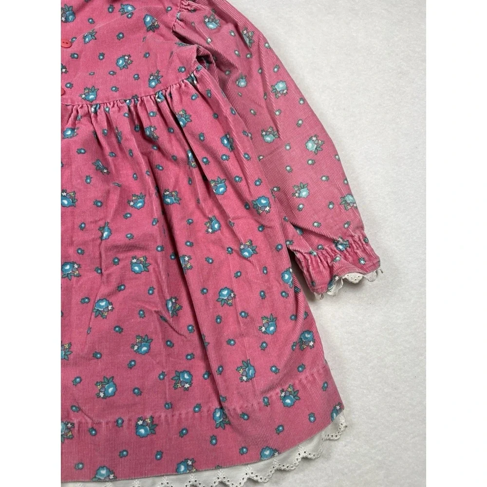 Vintage Oshkosh B'Gosh‎ Size 5 Pink Floral Corduroy Dress Eyelet Lace Trim